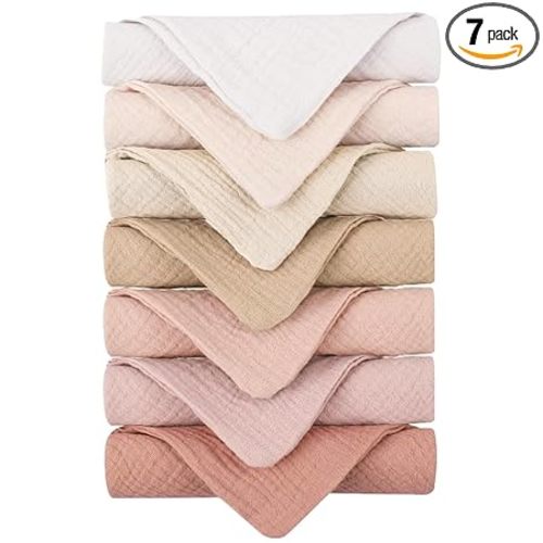 Konssy 7 Pack Muslin Baby Washcloths, Burp Cloths & Wash Cloths for Babies | 11 x 11 In, 100% Cotton, Ultra-Soft & Absorbent, Machine Washable, Baby Bath Towels for Newborns, Girls & Boys (Pink)