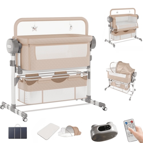 M-b-aby-m Automatic Baby Bassinet, Bedside Bassinet with 5-Point Safety Harness, Storage Basket, Electric Rocking Bassinet for Newborn (Khaki)