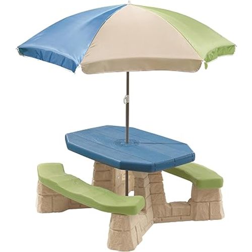 Step2 Naturally Playful Kids Picnic Table with Removable Umbrella, Indoor/Outdoor Toys, Fits 6 Children, Made of Durable Plastic, For Toddlers 3+ Years Old, Blue & Green