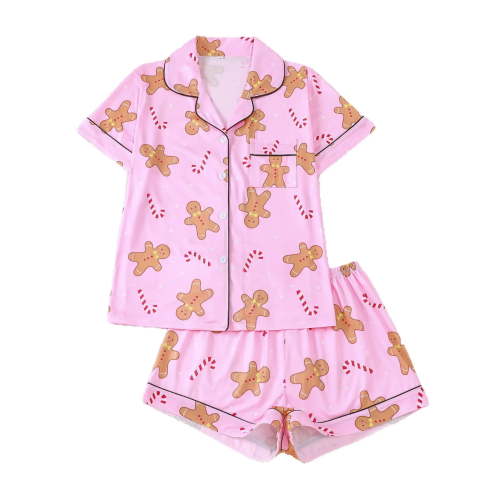 WIBACKER S-2XL Christmas Womens Pajamas Set Short Sleeve Button Down 2 Piece Loungewear Sets Gingerbread Man Sleepwear