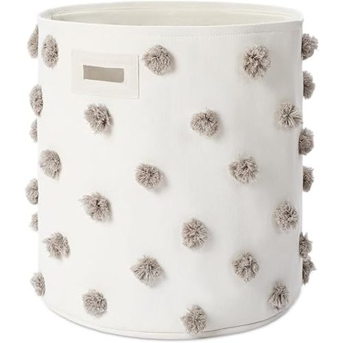 Grey 17.5" D x 20.8" H Pom Pom Basket Bin Large Cotton Canvas Laundry Hamper Baby Girl Laundry Basket Storage, Baby Nursery Hamper for Nursery Playroom Home Room Organizer Decor