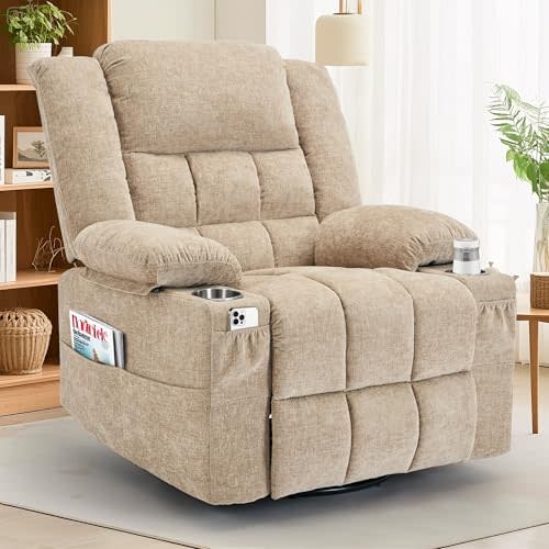Korser 360° Swivel Rocker Recliner for Adult, Nursery Glider Recliners with Massage & Heating, Rocking Chair with Cup Holder, Manual Recliner Chair for Living Room, Bedroom (Khaki)