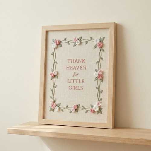 Hand-Embroidered Linen Nursery Art, Floral Quote Frame, Cottagecore Baby Girl Decor