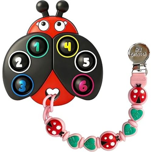 Teething Toy & Pacifier Clip Set,Ladybug Pop-It Teether & Pacifier Hold,Multi-Textured Chew Toy with Number Buttons for Early Learning, Baby Teething Relief (Black+Pink)