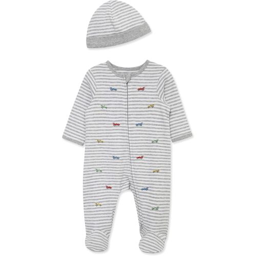 Little Me Baby Boy Clothes 2-Piece Baby Sleeper and Cap Set, 100% Cotton Footies Baby Essentials, Preemie to 9 months
