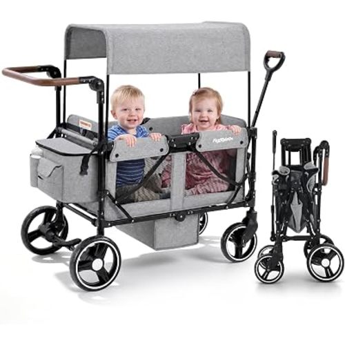 First Ride On Wagon Stroller for 2 Kids, All-Terrain Stroller Wagon Foldable with Parent Organizer, Removable Canopy, Adjustable Push/Pull Handle, 5-Point Safety Harness and Big 10" Rear Wheels (Gray)