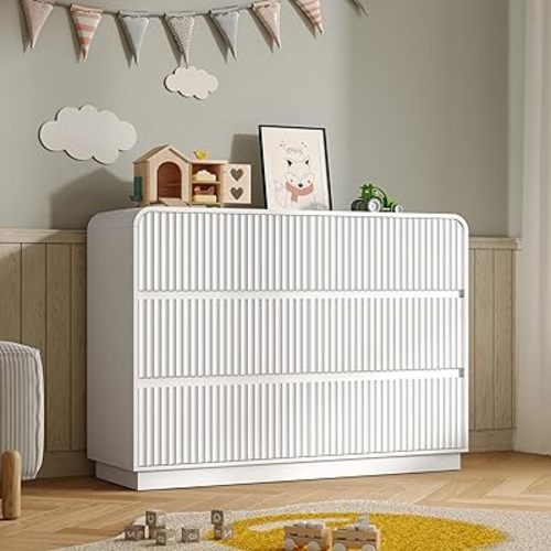 Dresser for Bedroom with 6 Drawers, Fluted Chest of Drawers with Round Curved Corner, Hidden Handles, Modern Wood Storage Organizer for Bedroom, Nursery, Living Room