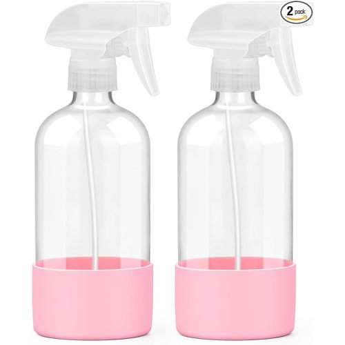 Worldgsb 2 Pack Glass Spray Bottles with Silicone Sleeve, 16 oz Empty Refillable Containers with Adjustable Spray Nozzles, Spray Bottles for Hair, Cleaning Solutions and Plants Pink