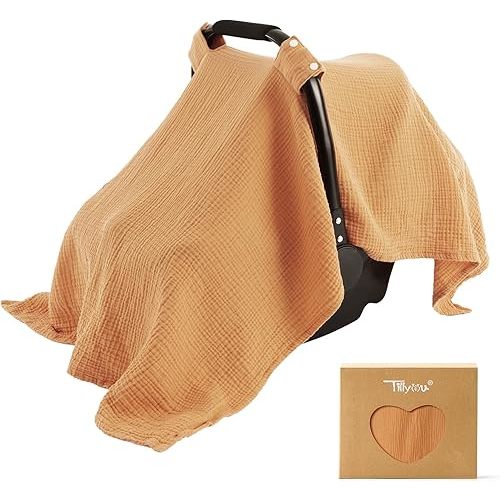 TILLYOU Baby Car Seat Cover, Breathable Muslin Cotton Infant Car Seat Cover, Lightweight Canopy with Sun and Bug Protection(Orange)