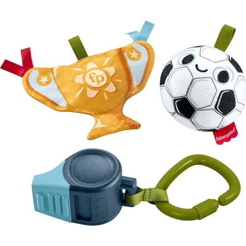 Fisher-Price Baby Toys Mini Me Moments Let’s Goal Set, 3 Soccer Themed Rattle Teether Sensory Activities for Newborns Ages 3+ Months