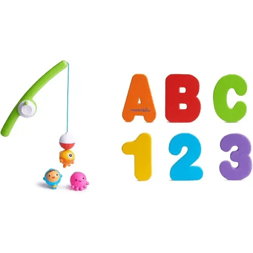 Munchkin® Fishin'™ Magnetic Baby and Toddler Bath Toy, 4pc Set & ® Learn™ Bath Letters and Numbers 36pc Toddler Bath Toy