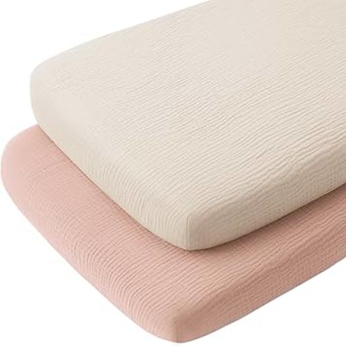 Konssy Muslin Fitted Bassinet Sheets 2 Pack for Baby Girl Boy, Soft Breathable Baby Bassinet Sheets Fit for Bassinets, Cradle, Moses Basket Oval Rectangle Pad/Mattress (Pink, Cream, Bedside Sleeper)