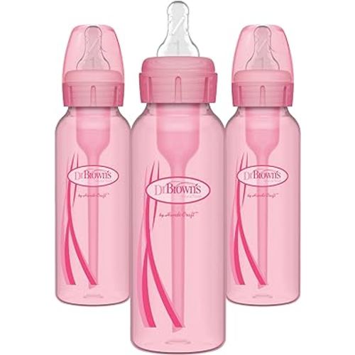 Dr. Brown's Natural Flow Anti-Colic Options+ Narrow Baby Bottles 8 oz/250 mL, with Level 1 Slow Flow Nipple, 3 Pack, 0m+ Pink