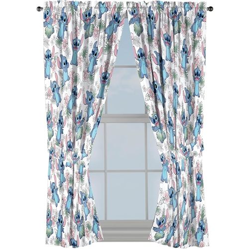 Jay Franco Window Curtains for Kids Bedroom 4-Piece Drape Set with 2 Tiebacks, Multi - Lilo & Stitch, 42" W x 63" L (Pack of 2)