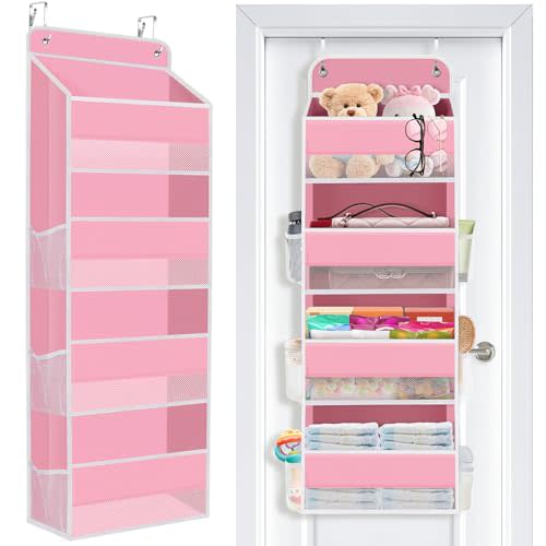 SpaceWhisper Over the Door Organizer, 4 Large Pocket Hanging Storage Organizer with 40lb Capacity, Space Saving for Nursery, Bathroom, Bedroom, Closet - Baby Essentials & Toiletry Organizer (Pink)