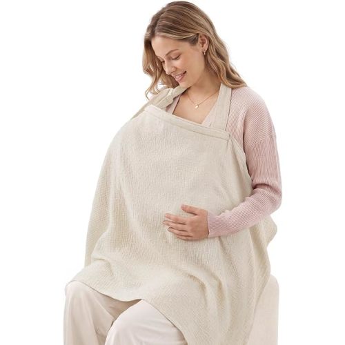 Blissful Diary Muslin Nursing Cover for Breastfeeding, Breathable Breastfeeding Cover up with Arch Neckline for Women, Nursing Apron (Dotted Cream)