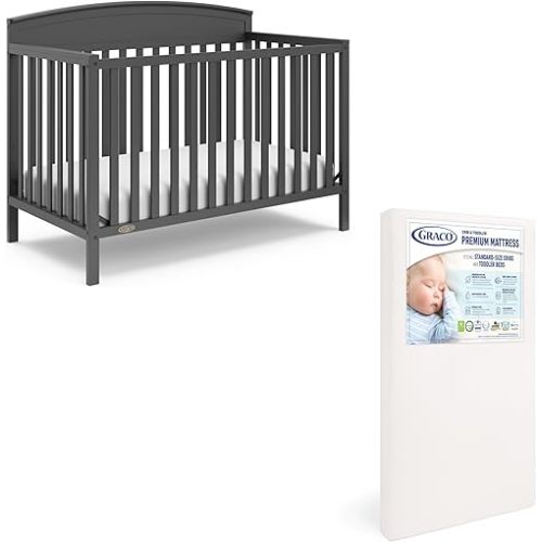 Graco Benton 5 in 1 Convertible Crib with Graco Crib Mattress Bundle, Gray