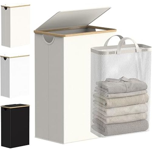 efluky Slim Laundry Basket with Lid, Narrow Laundry Hamper with Removable Bag, Skinny Dirty Clothes Basket with Bamboo Handles for Bathroom, Bedroom & Laundry Room, 90L Beige