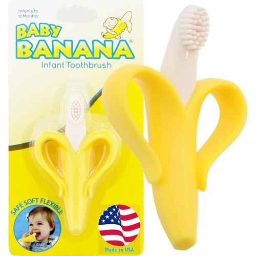 Baby Banana® Yellow Toothbrush-Teether, Infant to Toddler, Made in USA, Butter-Soft Silicone, No Micro-Plastics, Bendable, Family-Owned Buisness Since 2009, 11 Million+ Sold