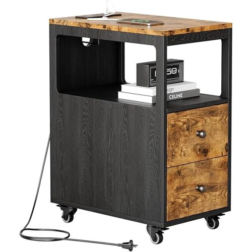 Narrow End Table with Charging Station and Wheels, Movable Narrow End Table with USB Ports and Outlets for Small Space, Living Room, Bedroom and Office, with 4 Wheels ( Rustic Brown + Black)