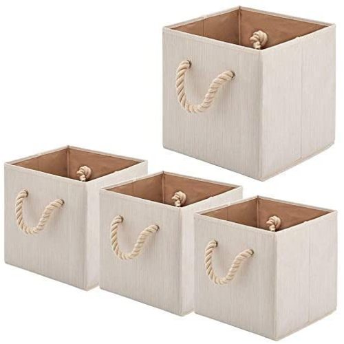 BeigeSwan Foldable Bamboo Fabric Storage Bins [Set of 4] with Cotton Rope Handles, Collapsible Organizer Boxes Basket - 10.5 x 10.5 x11 inch (Beige)