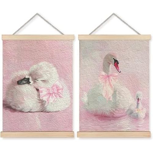 UNCDLV Pink Coquette Bow Swan Poster Hanger Frame, Preppy Girly Nursery Canvas Wall Art, Aesthetic White Swan Wall Decor for Nursery Baby Toddler Little Girls Room, 12x16 Inch Set of 2
