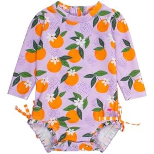 RuffleButts Baby Girls UPF 50+ Sun Protection Novelty Print Long Sleeve One Piece Rash Guard Swimsuit with Zipper