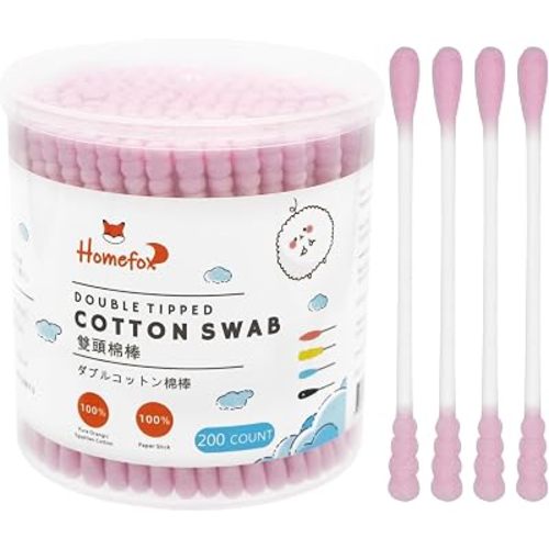 Pink Cotton Swabs Spiral - 200 Count Organic Cotton Buds Double Side Tightly Wrapped Cotton Tips Paper Stick Soft Gentle Lint-Free Cruelty-Free, Round & Spiral (Pink)