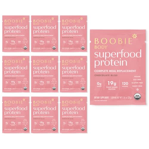 Boobie Body Superfood Protein Meal Replacement Shake, Chocolate Bliss Flavor | 19g Protein | Safe For Pregnancy, Lactation, & Motherhood | Organic, Vegan, Zero Sugar, 10 Single Serve Packets (1.16 oz each)