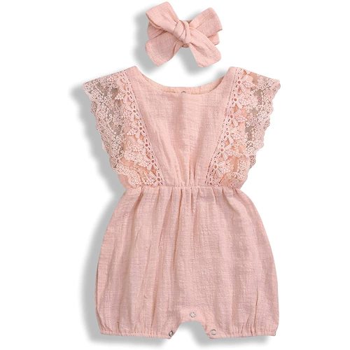 KCSLLCA Baby Girls Lace Romper Set Ruffle Sleeve Solid Color Onesie with Headband