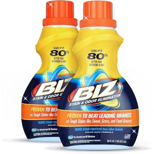 Biz Laundry Detergent Liquid Booster, Stain and Odor Eliminator for Tough Stains Like Sweat Grass and Food Grease, Best Stain Remover for Clothes, Color Safe, Bleach Free, 2 Pack, 100 fl oz Total