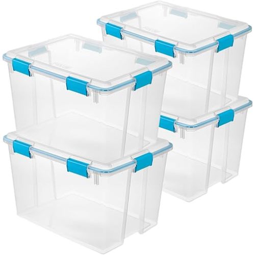 Sterilite 4-Pack Gasket Box, Weather-Resistant Storage Bins with Latching Lids, 80 Quart - Heavy-Duty Organizing Containers for Closet, Bathroom, and Office