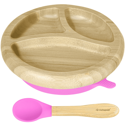 Abiie Octopod Bamboo Dish - Kids Plates for 4 months and up, 3-Compartment Baby Plates with Suction, Round Bamboo Baby Plate, Mess-Free Toddler Suction Plates, Baby Feeding Supplies (Pink)