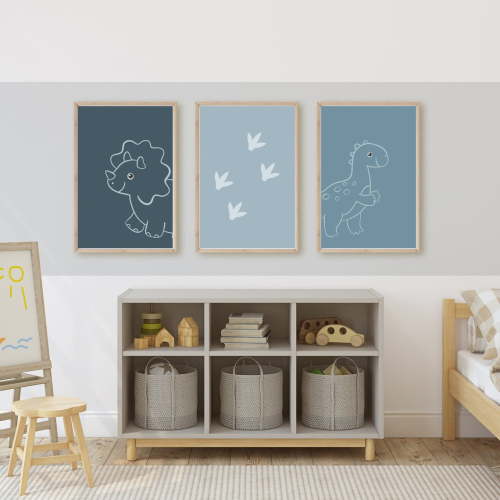 UNFFRAMED Dinosaur Nursery Art Prints, Blue Dino Decor Set Set 3 Prints 16x24