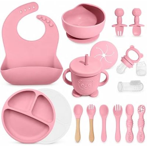 Silicone Baby Feeding Utensils Set for 6+ Months, 17 Pcs, Pink