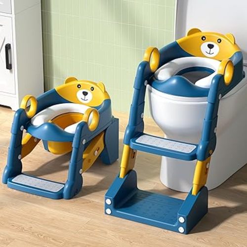 COOSEYA 2-in-1 Potty Training Seat & Potty Chair, Toddler Toilet Seat with Step Stool Ladder, Height Adjustable Foldable Potty Training Toilet for Kids Boys Girls with Splash Guard & Anti-Slip Steps