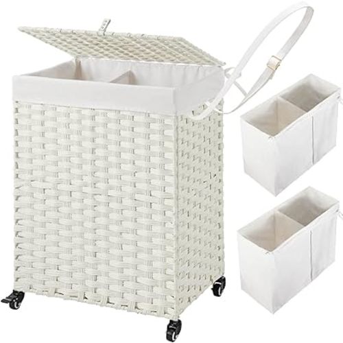 Greenstell Laundry Hamper with Wheels, No Install Needed, 90L Divided Handwoven Hampers & 2 Removable Liner Bags, Rattan Clothes Laundry Basket with Lid & Handles, Foldable Hampers White