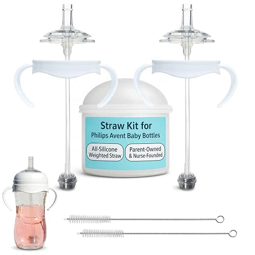 Straw Cup Conversion Kit for Philips Avent Natural Baby Bottles 2-Count, Food Grade Silicone Straw Nipples and Weighted Straw, Bottle Handles, Cleaning Brush, BPA-Free, Sippy Transition, 6+ Months