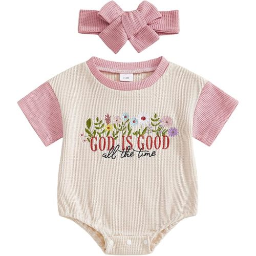 Doqcey Baby Girl Christian Clothes God is Good Embroidery Bubble Romper Waffle Short Sleeve T-Shirt Bodysuit Summer Outfits