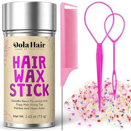 Dolahair Hair Wax Stick & Accessories - Flyaway Control for Kids & Women, 50 Pcs Colorful Elastic Hair Bands, 1 Pcs Slick Back Hair Brush, 2 Hair Loop Styling Tools (Pink)