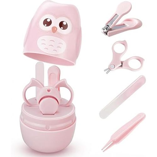 Baby Nail Kit with Cute Owl Case – Newborn Manicure & Pedicure Set with Nail Clipper, Scissors, File & Tweezers for Infant and Toddler Care (Gift for Mom) (Pink)