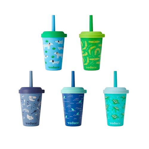 REDUCE GoGo's Kids Portable Tumbler Cups with Lids and Spill-Proof Straws - 5 Pack of Stackable 12 oz Tumblers with Twist-On Lids - Easy Storage, Dishwasher Safe - Scavenger Boy Set