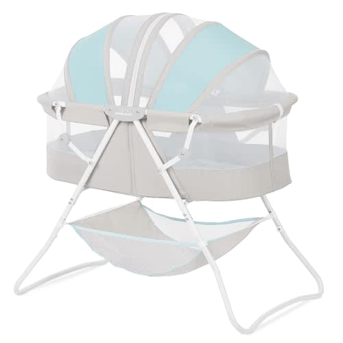 Dream On Me Karley Portable Infant Bassinet, Double Mesh Canopy, Blue/Grey | Quick Foldable Travel Bassinet with Storage Basket, Mattress Pad Included, Lightweight, For Indoor Outdoor Use, BSA Verified