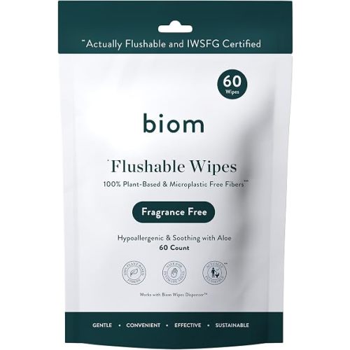 Biom 60ct Flushable Wipe 8" Roll - Fragrance Free - 3-pack