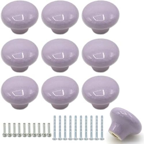 10Pack Ceramic Cabinet Knobs, 1.26Inch/32mm Purple Round Drawer Dresser Knob Pulls Handle with Screws, for Kitchen Cupboards, Wardrobes, Children's Rooms, Bedroom Furniture & Office Desks