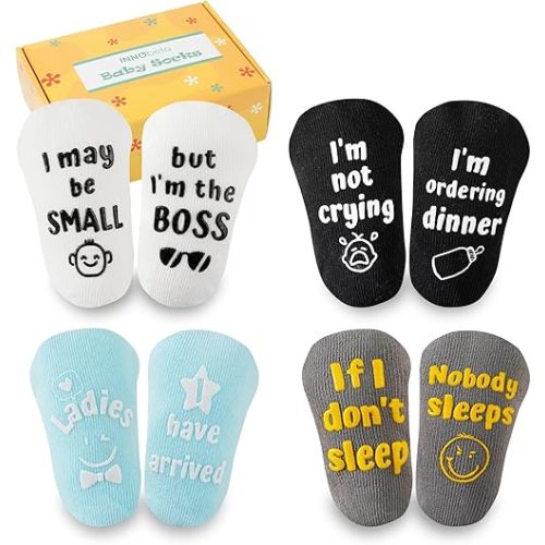 InnoBeta Baby Socks Set with Funny Quotes (4 Pairs) Newborn/Infant Socks for Baby Shower, Gender Reveal 3-12 Months