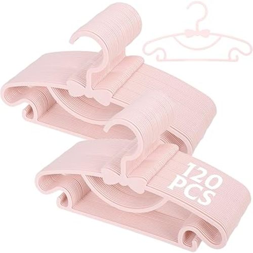 120 Pack Pink Baby Hangers Nursery Cute Plastic Hangers with Bow for Toddler Clothes Non-Slip Ultra Thin Small Coat and Pants Drying Hangers for Closet, Laundry and Daily Use