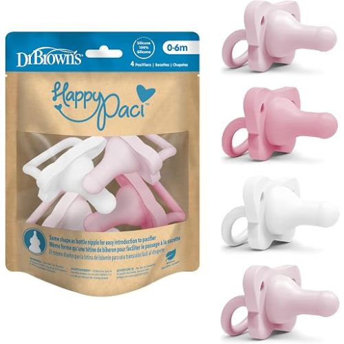 Dr. Brown's HappyPaci Silicone Pacifier, Pink and White, 0-6m, 4-Pack