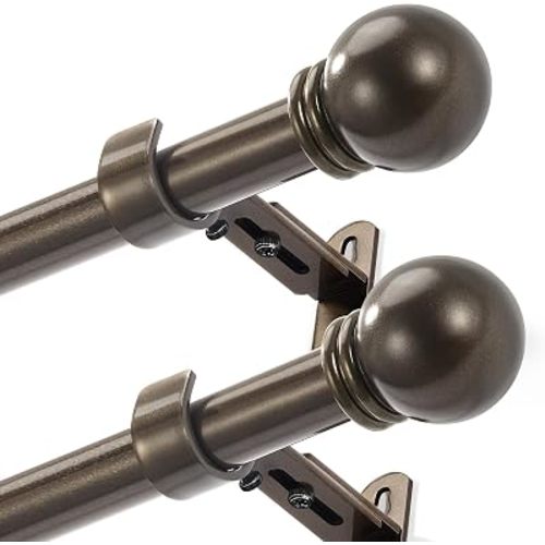 Curtain Rods for Windows 16 to 48 Inches, Max Adjustable Length of 60 Inches, 1" Diameter Drapery Rods with Round Finials, Brown, Pack of 2