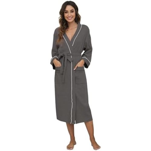HEARTNICE Womens Cotton Robe, Soft Kimono Spa Knit Long Bathrobe Lightweight Loungewear